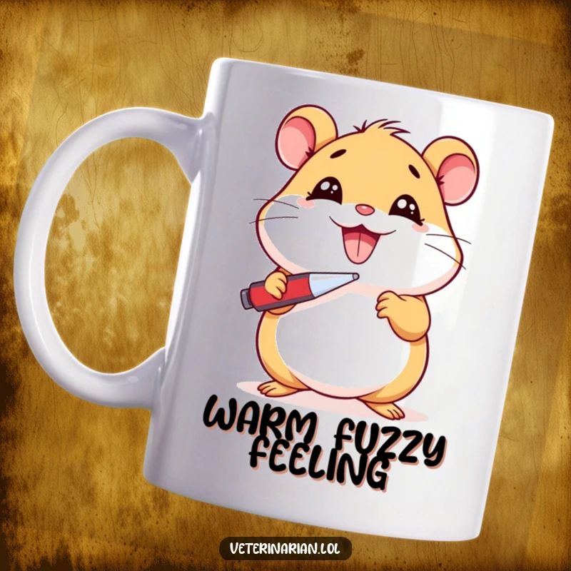 Funny Hamster Mug: Beaming cartoon hamster holding a thermometer to its cheek with a cheerful grin, showing it feels unwell, a funny gift.