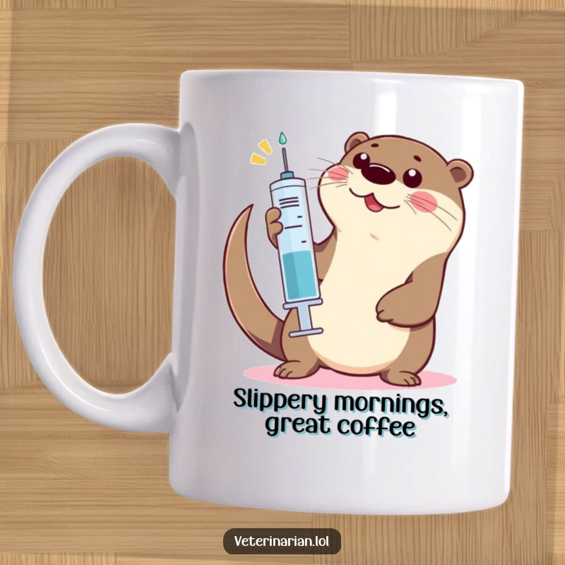 Funny Otter High-Five Mug: An energetic otter enthusiastically gives a high-five using a large syringe.