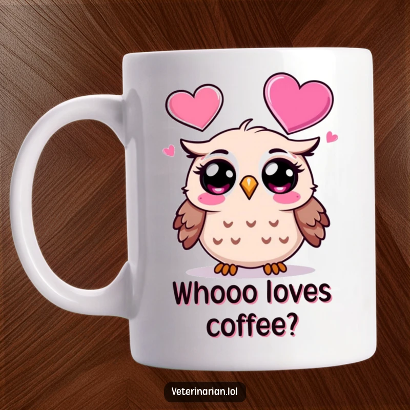 Funny Owl Mug: Surprised cartoon owl looks with wonder at a large, floating pink heart icon, symbolizing surprise and affection, a funny gift.
