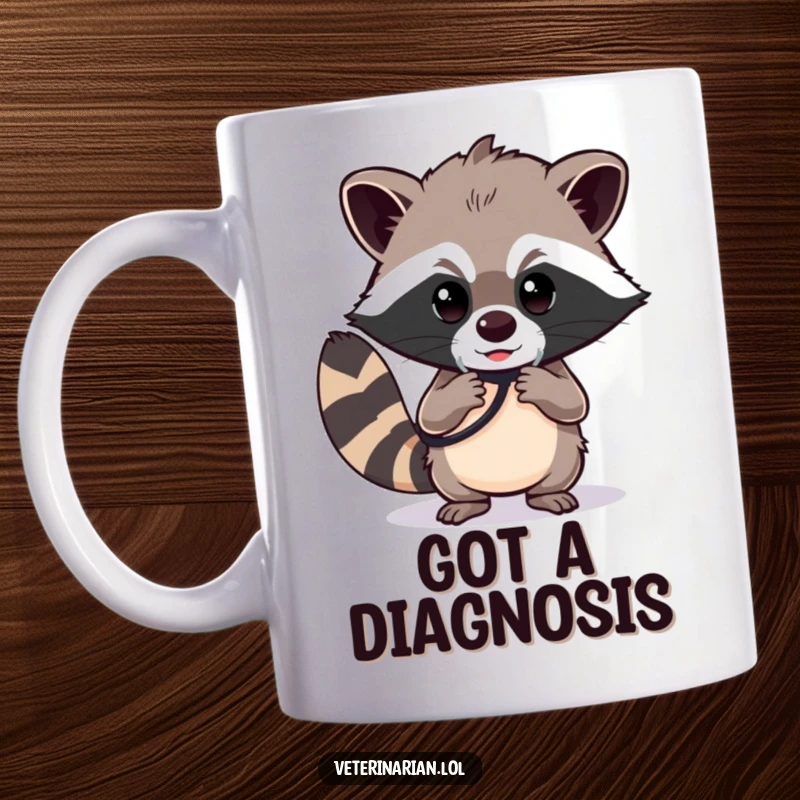 Funny raccoon doctor mug, a determined raccoon polishing a stethoscope with a focused gaze, celebrating dedication.