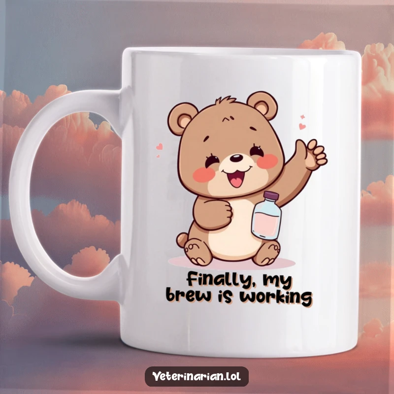 Funny mug featuring a delighted bear, looking incredibly relieved while clutching a small, magical potion bottle, radiating pure joy and humor.