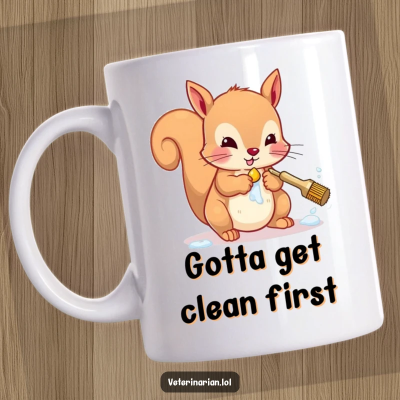 Funny squirrel mug featuring a cute character meticulously washing paws with soap and brush, promoting hygiene humor.