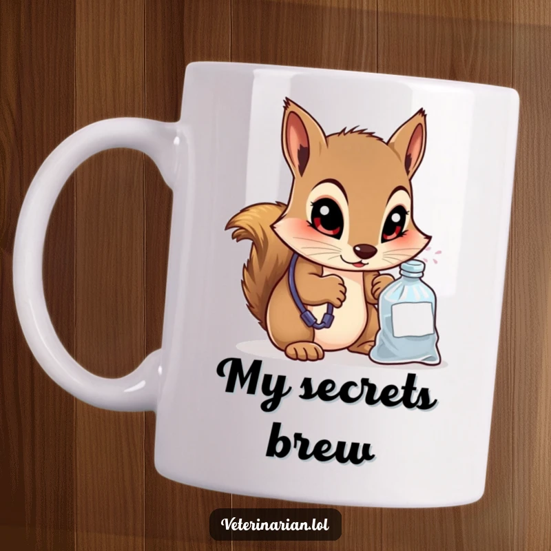 Funny mug depicting a curious squirrel veterinarian peering intently into a small bag of medicine with wide, knowing eyes.
