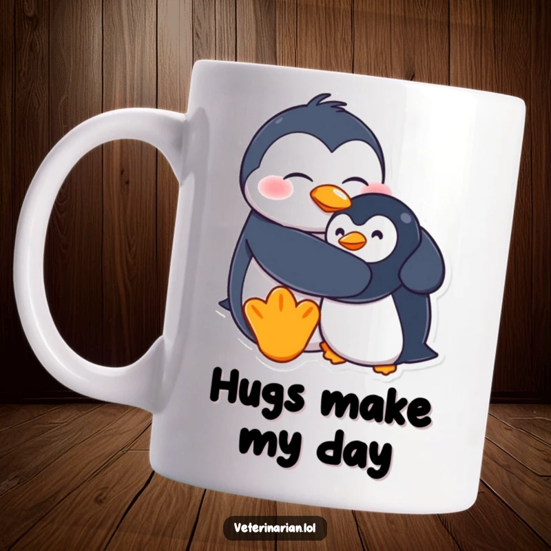 Funny mug with a goofy penguin character giving a loving hug to a wobbly stuffed penguin, showing adorable affection.