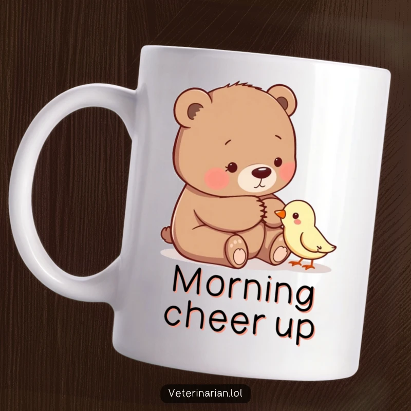 Funny mug depicting a gentle bear offering a comforting pat to a small, timid bird, radiating kindness and support.