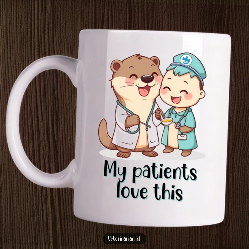 Funny Otter Vet Mug: Cheerful otter in a vet coat happily gives a spoonful of medicine to a grateful, patient animal.