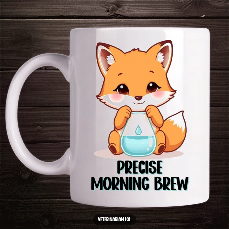 Funny fox scientist mug showing a playful fox carefully measuring a tiny droplet into a beaker, depicting meticulous and humorous research.