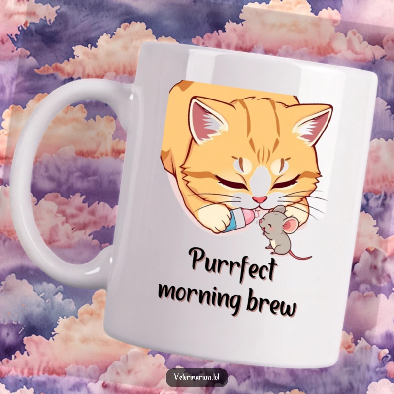 Funny Cat & Mouse Mug: A gentle cat carefully gives a tiny pill to a small, happy mouse, showcasing an unlikely friendship.