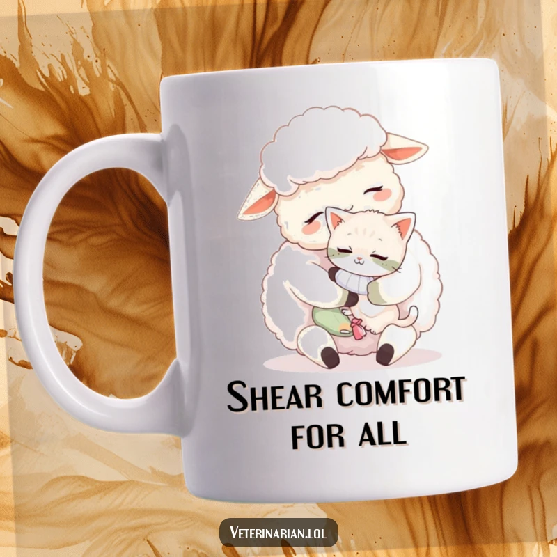 Funny sheep kitten mug, a fluffy sheep cuddling a tiny, bandaged kitten with affection, showing kindness and care.