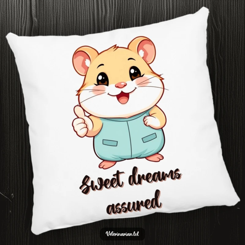 Funny decorative pillow with a smiling hamster in tiny scrubs giving a cheerful thumbs-up, adding comfort and positive vibes.