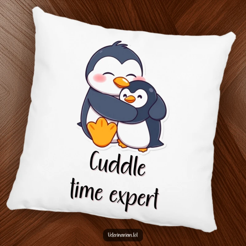 Funny pillow showcasing a goofy penguin character hugging a stuffed penguin, perfect for adding comfort and humor.