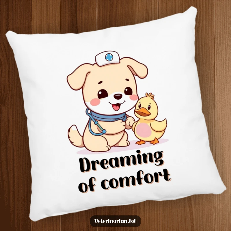 Funny dog vet pillow, a cheerful dog wearing a small hat bandages a toy duck with a concerned, loving expression.