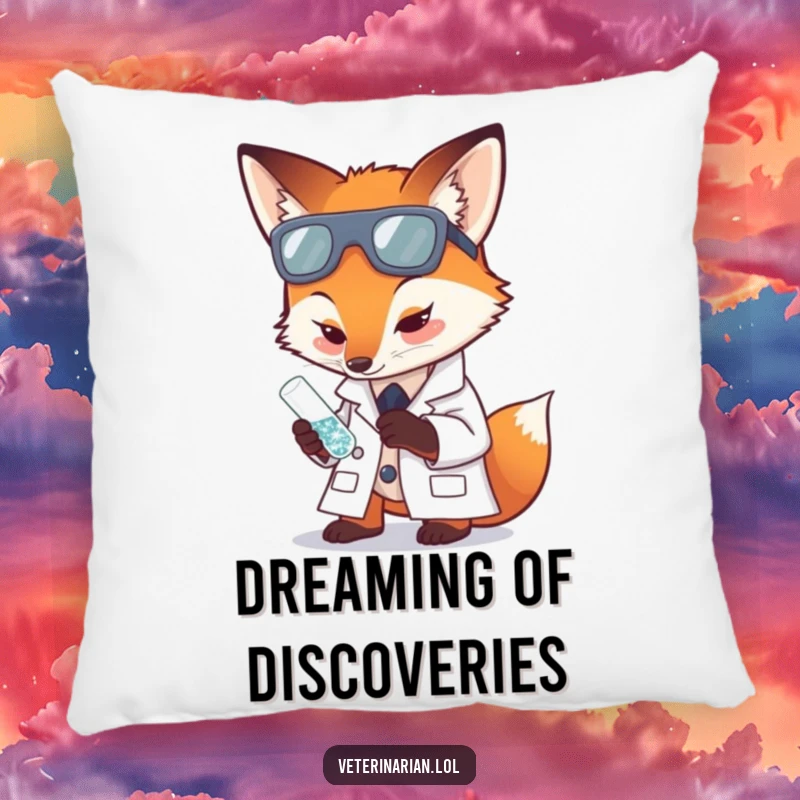 Funny pillow showing a fox in a lab coat carefully examining a tiny, sparkling test tube.