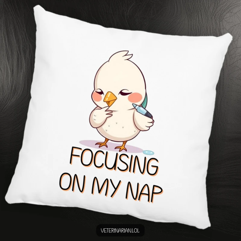 Funny pillow with a diligent bird carefully using a tiny dropper with focused attention.