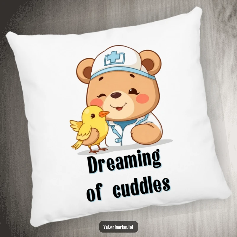 Funny bear vet pillow, featuring a smiling bear doctor with a cap, gently examining a small bird. Soft and comforting decor.