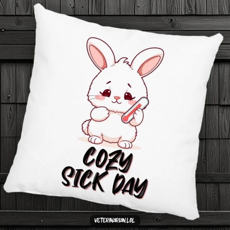 Funny fluffy bunny pillow, a rabbit holds a thermometer with a worried but happy expression, soft, comforting, and humorously endearing.