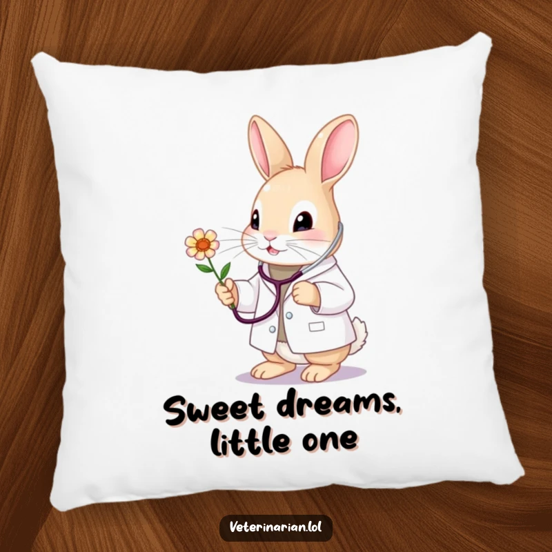 Funny bunny vet pillow, featuring a cute doctor bunny with stethoscope, gently examining a flower. Soft and comforting decor.