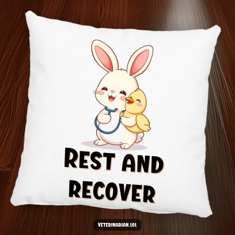 Funny pillow showing a cheerful bunny vet with a stethoscope, gently petting a smiling bird patient.