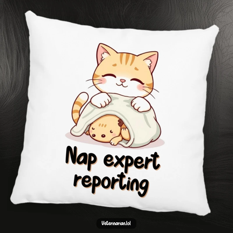 Funny smiling cat pillow featuring a cat placing a soft blanket on a resting creature with loving care.