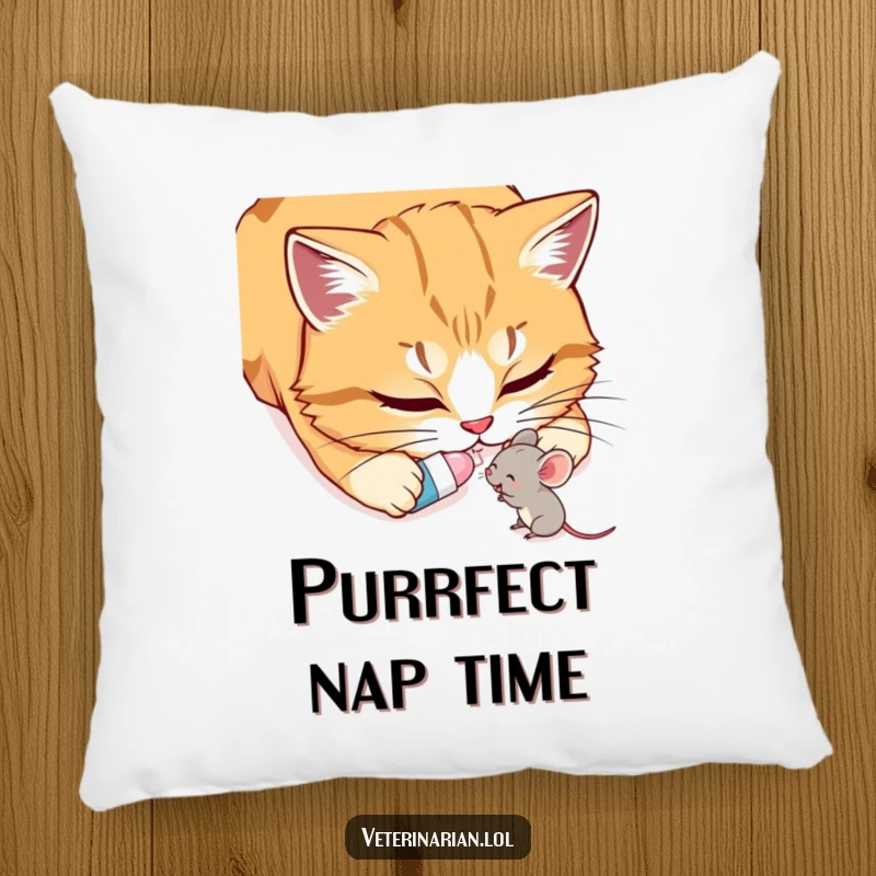 Funny Cat & Mouse Pillow: A soft pillow featuring a gentle cat administering a tiny pill to a small, happy mouse.