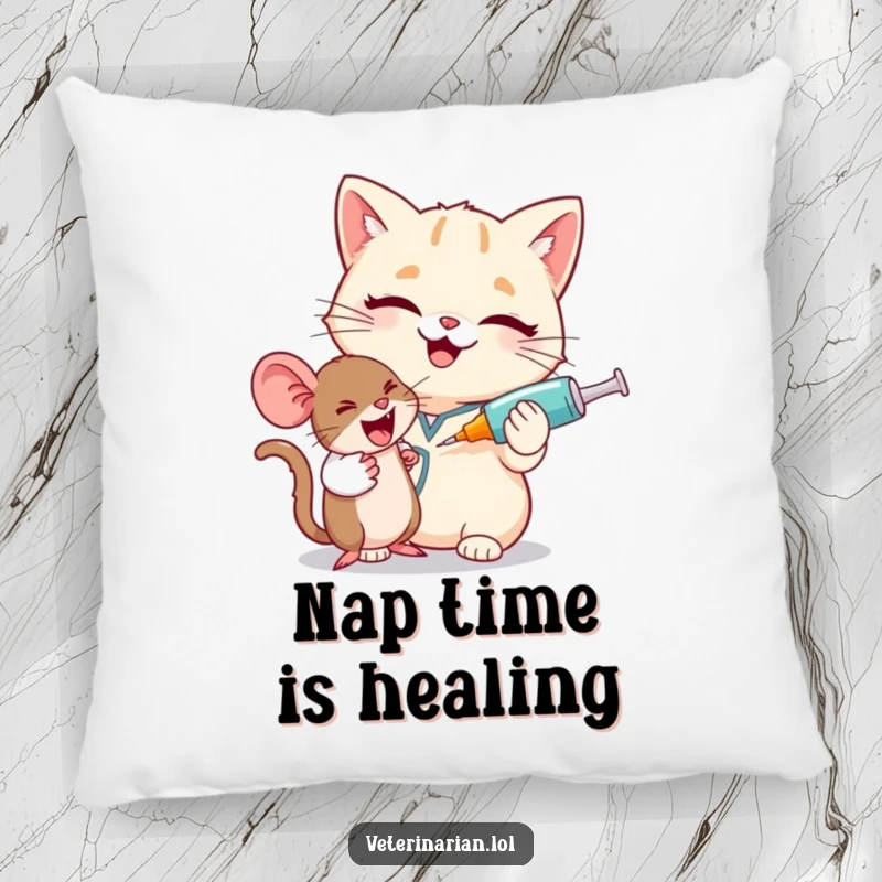 Funny cat vet pillow, a giggling cat vet winks, humorously holding a big syringe for a tiny, playful mouse.