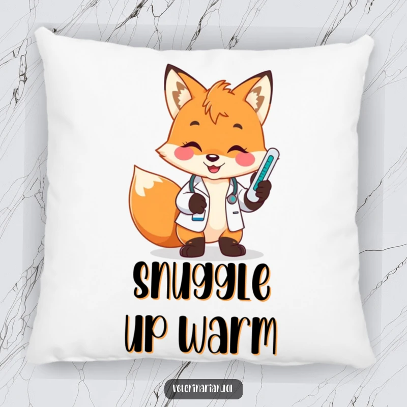 Funny fox vet pillow, a playful fox with a bright smile holds a thermometer, looking at its temperature reading closely.