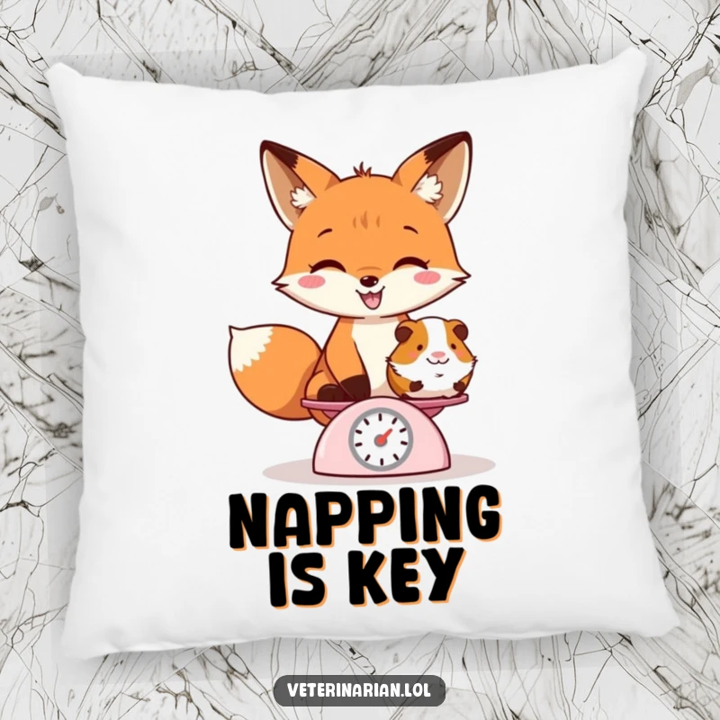Funny pillow design with a playful fox grinning while weighing a guinea pig on a tiny scale, offering comforting whimsy.