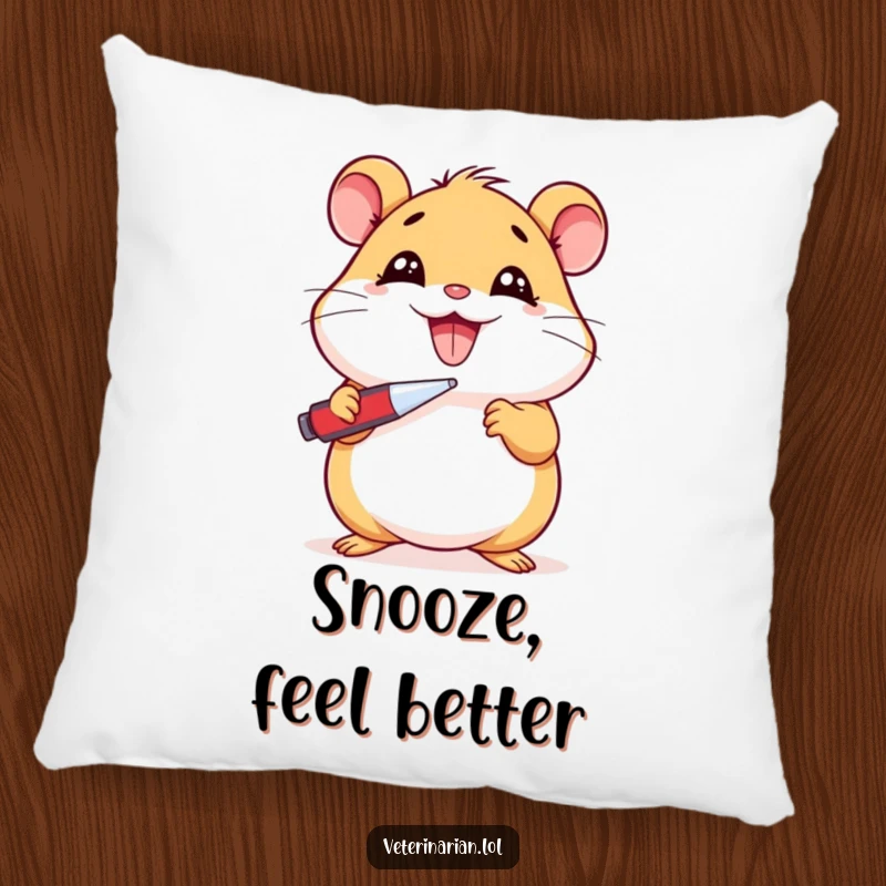 Funny Hamster Pillow: Soft cushion with a beaming cartoon hamster holding a thermometer, indicating a fever, providing comfort and humor, a funny gift.