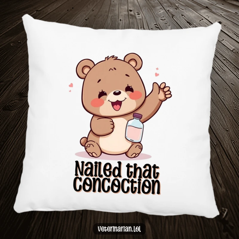 Funny pillow with a delighted bear appearing relieved while holding a small potion bottle, offering soft comfort and humorous charm.