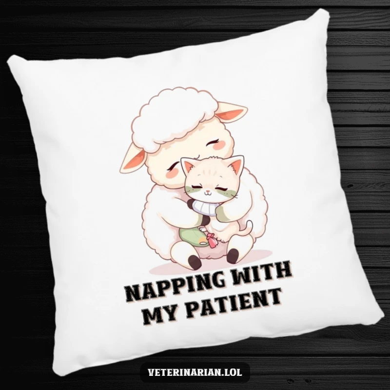 Funny sheep kitten pillow, a fluffy sheep cuddling a tiny, bandaged kitten with affection, soft and charming decor.