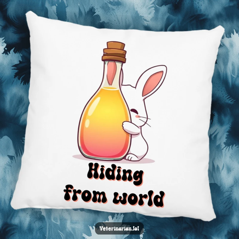 Funny pillow showing a shy rabbit peeking from a big bottle of colorful liquid, providing soft, whimsical, and mysterious decor.