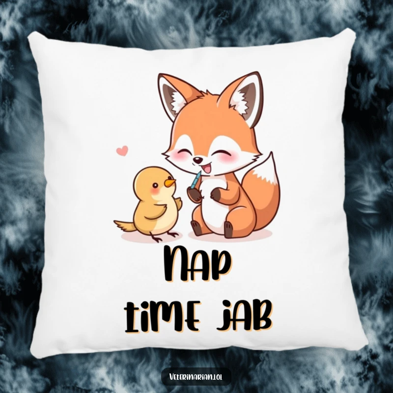 Funny Pillow featuring a giggling fox pretending to give a bird a shot, bringing cozy, humorous vibes.