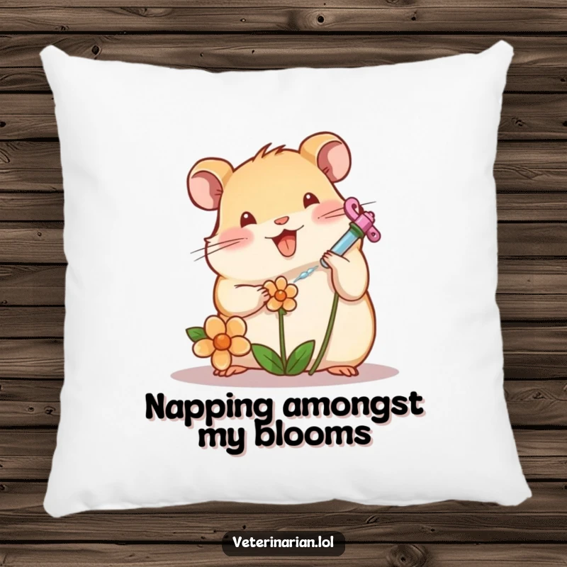 Funny hamster character carefully tending a wilting flower with a tiny syringe on a soft pillow, great funny gift.