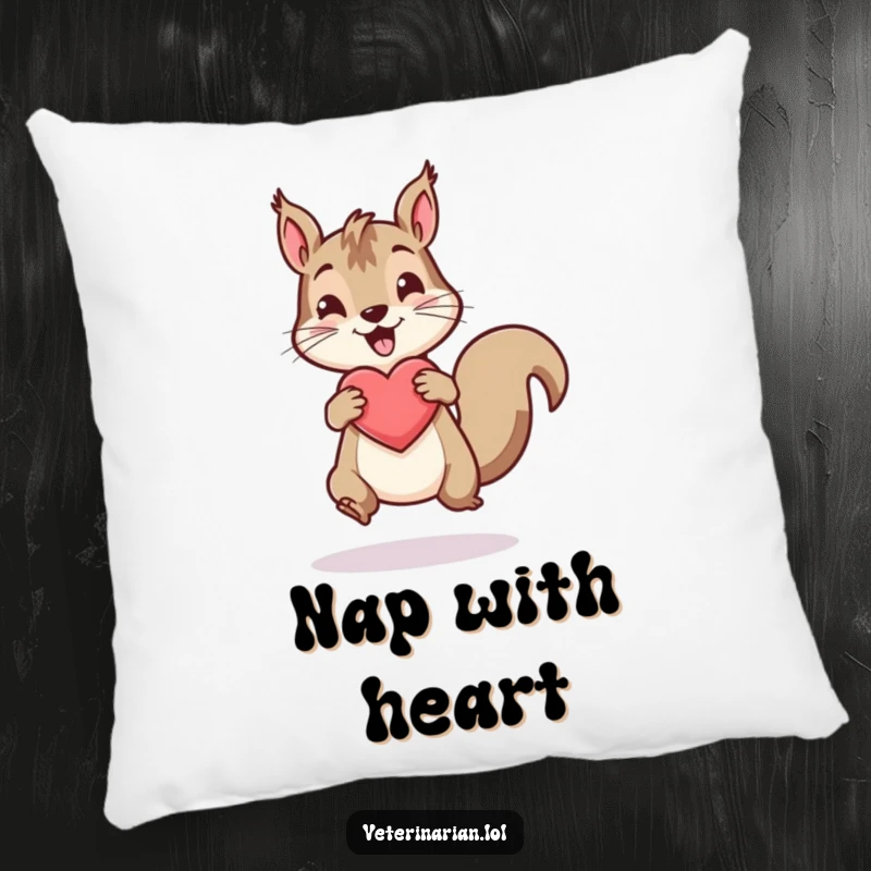 Funny pillow with an energetic squirrel bouncing a healthy heart icon, offering comfort and cheer.