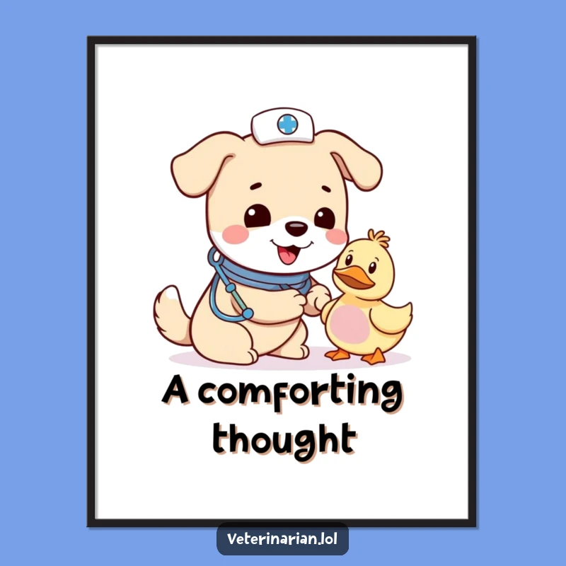 Funny Dog Vet Digital Art: Caring Canine & Duck Print, Instant Gift