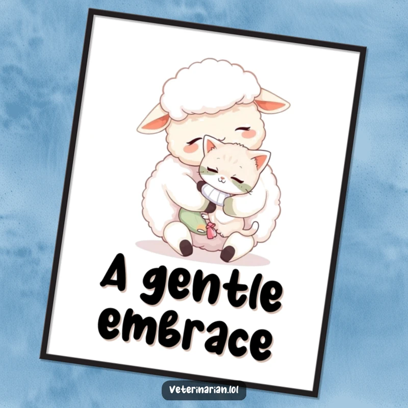 Funny sheep digital art print, a fluffy sheep cuddling a tiny, bandaged kitten with affection, instant download for decor.