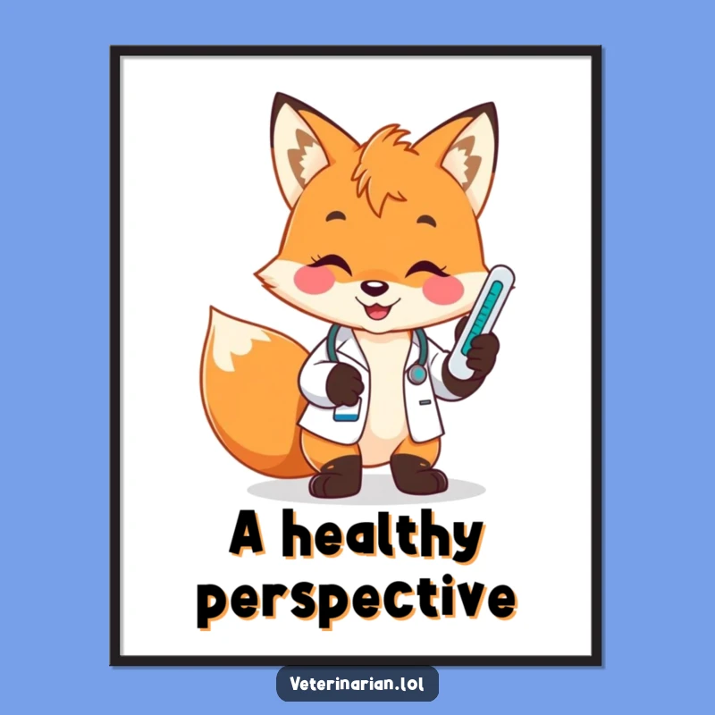 Funny Fox Vet Digital Art: Smiling Healer & Thermometer Print, Instant Gift