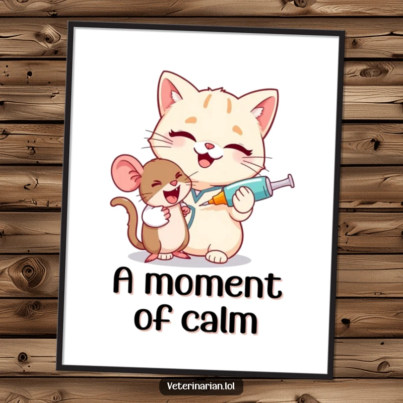 Funny cat vet digital art, a giggling cat nurse winks, playfully using a large syringe on a brave, tiny mouse.