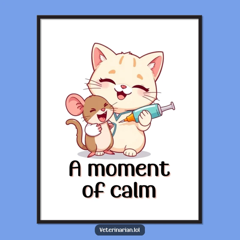 Funny Cat Vet Digital Art: Giggling Feline & Mouse Print, Instant Gift