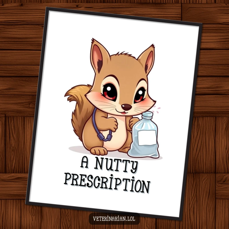 Funny digital art of a curious squirrel vet peering into a small medicine bag with wide, knowing eyes, a whimsical and printable wall decor.