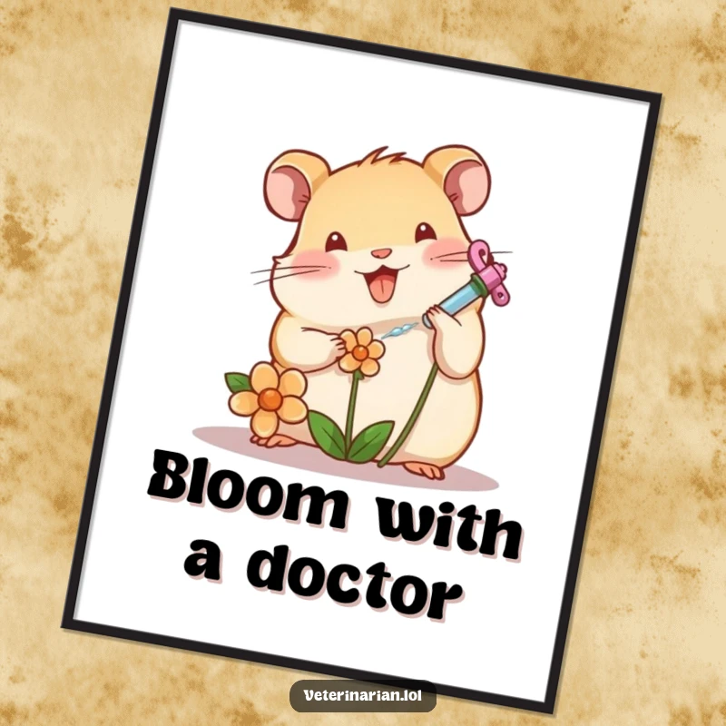 Funny cheerful hamster tending a wilting flower with a syringe, digital art print, perfect funny gift.
