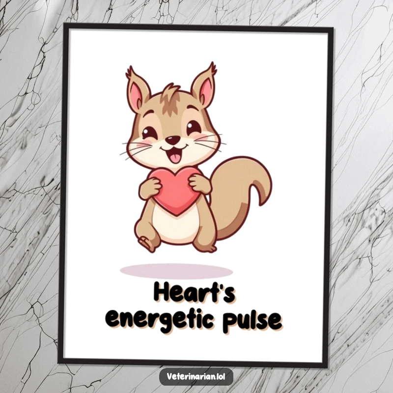 Funny digital art print of an energetic squirrel bouncing a healthy heart icon, full of life.