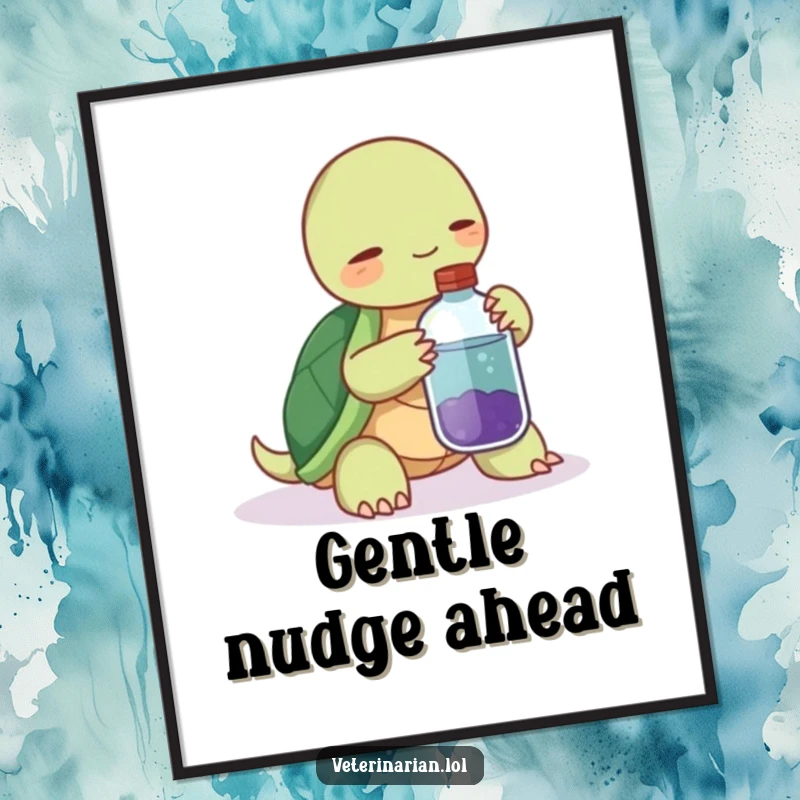 Funny digital art print of a calm turtle holding a potion bottle, offering it with a gentle nudge.