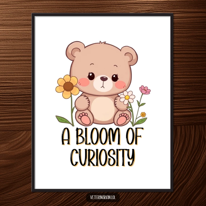 Funny bear digital art print, a curious bear sniffing a flower with a gentle expression, instant download for decor.