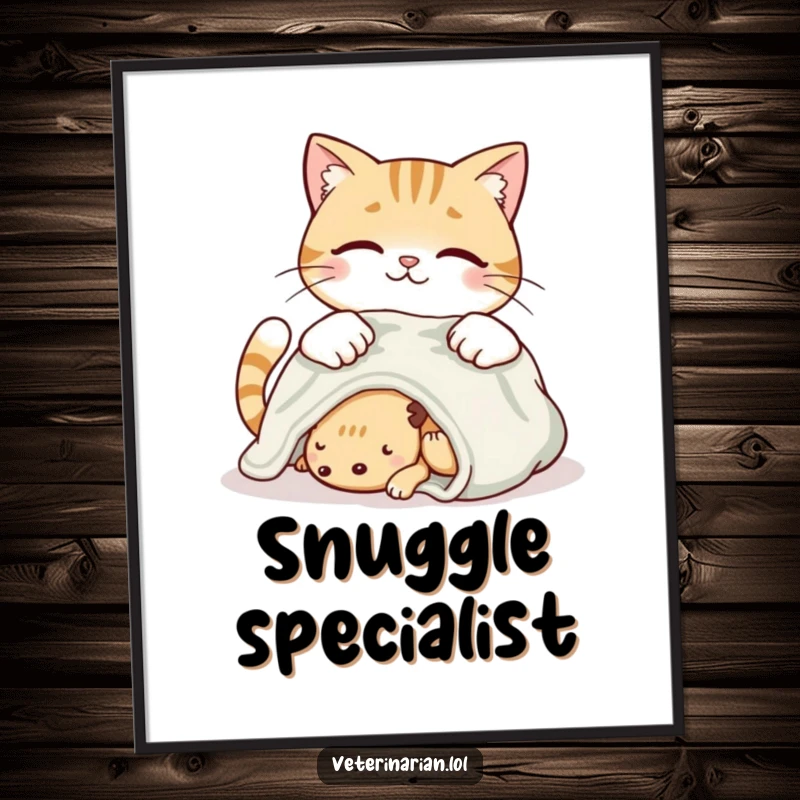 Funny smiling cat digital art print of a cat placing a soft blanket on a resting creature with loving care.