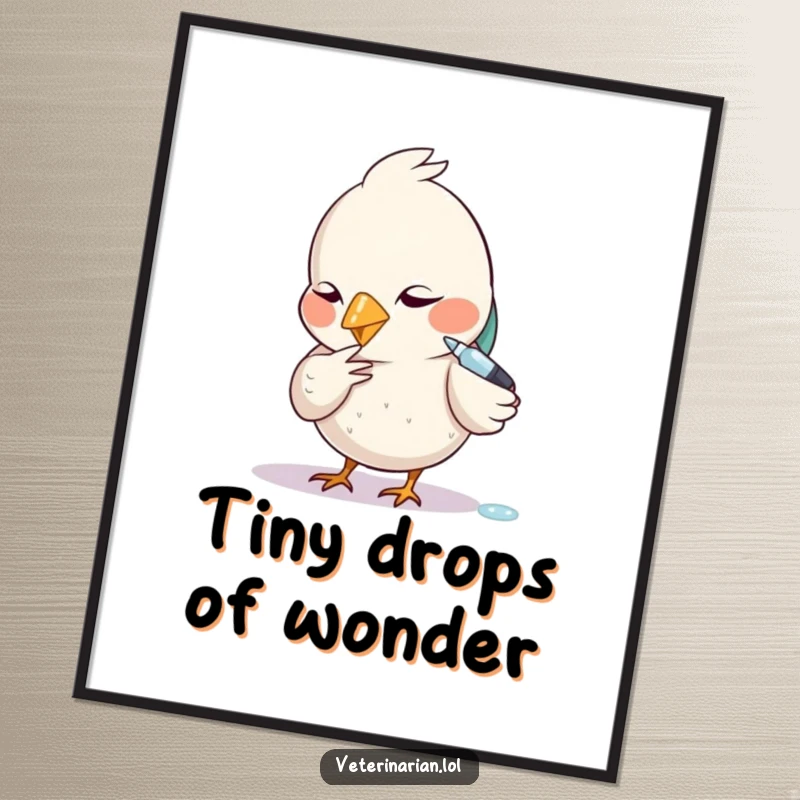 Funny digital art print of a diligent bird carefully administering a tiny dropper with focused attention.