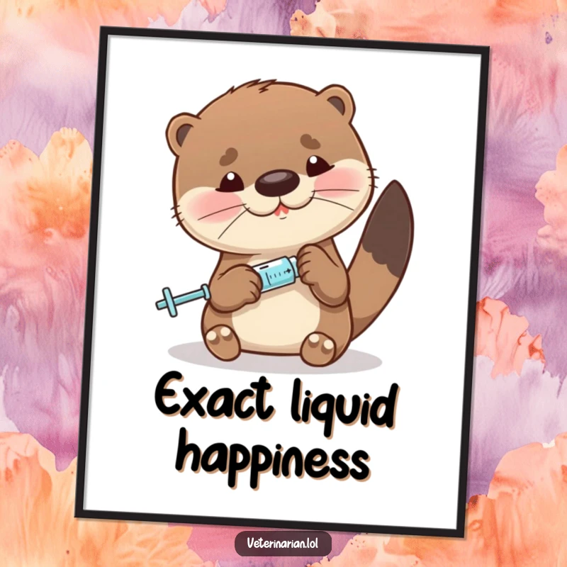 Funny otter digital art print of a character precisely measuring liquid with a miniature syringe, ideal for precise humor.