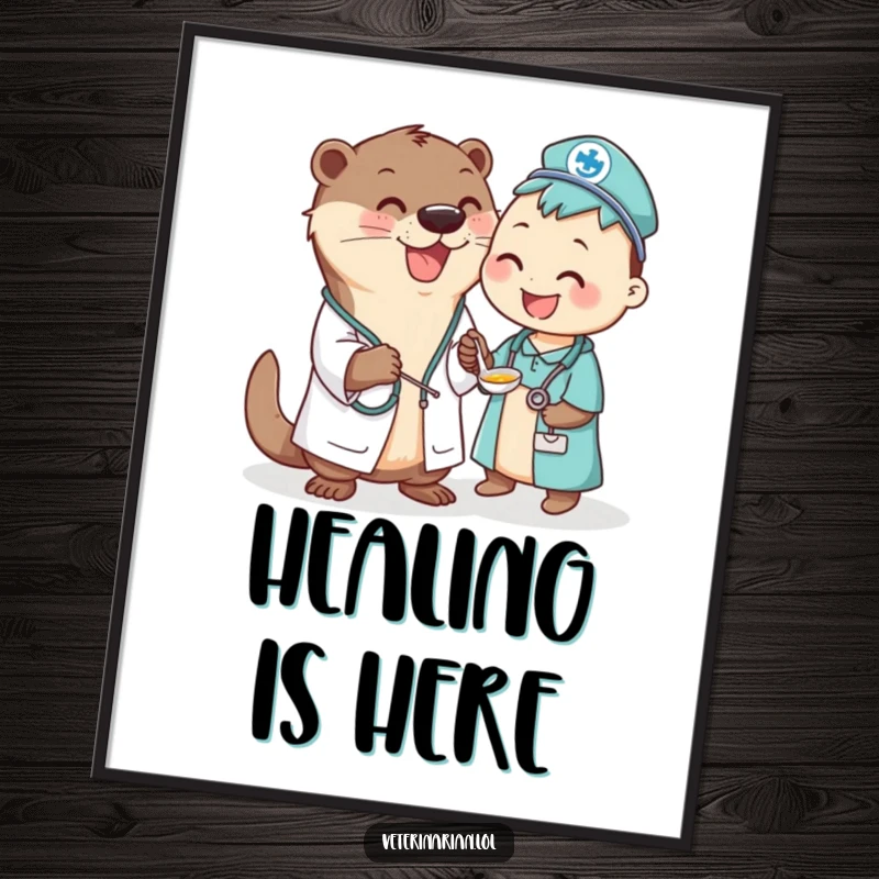 Funny Otter Vet Digital Art: Joyful otter vet giving spoonful of medicine to a happy, waiting animal patient illustration.