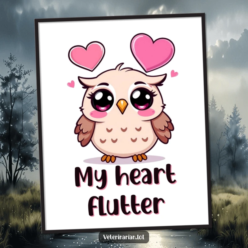 Funny Owl Digital Art Print: Surprised cartoon owl art looking with wonder at a heart icon, perfect for wall decor, a funny gift.