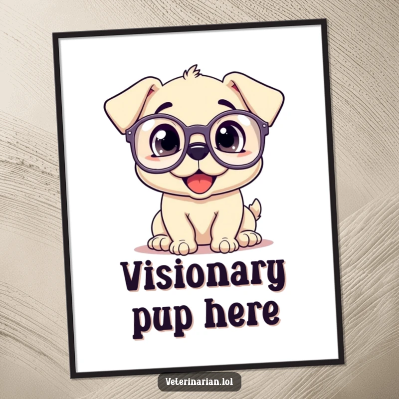 Funny digital art print of a happy puppy wearing oversized prescription glasses, looking up inquisitively.